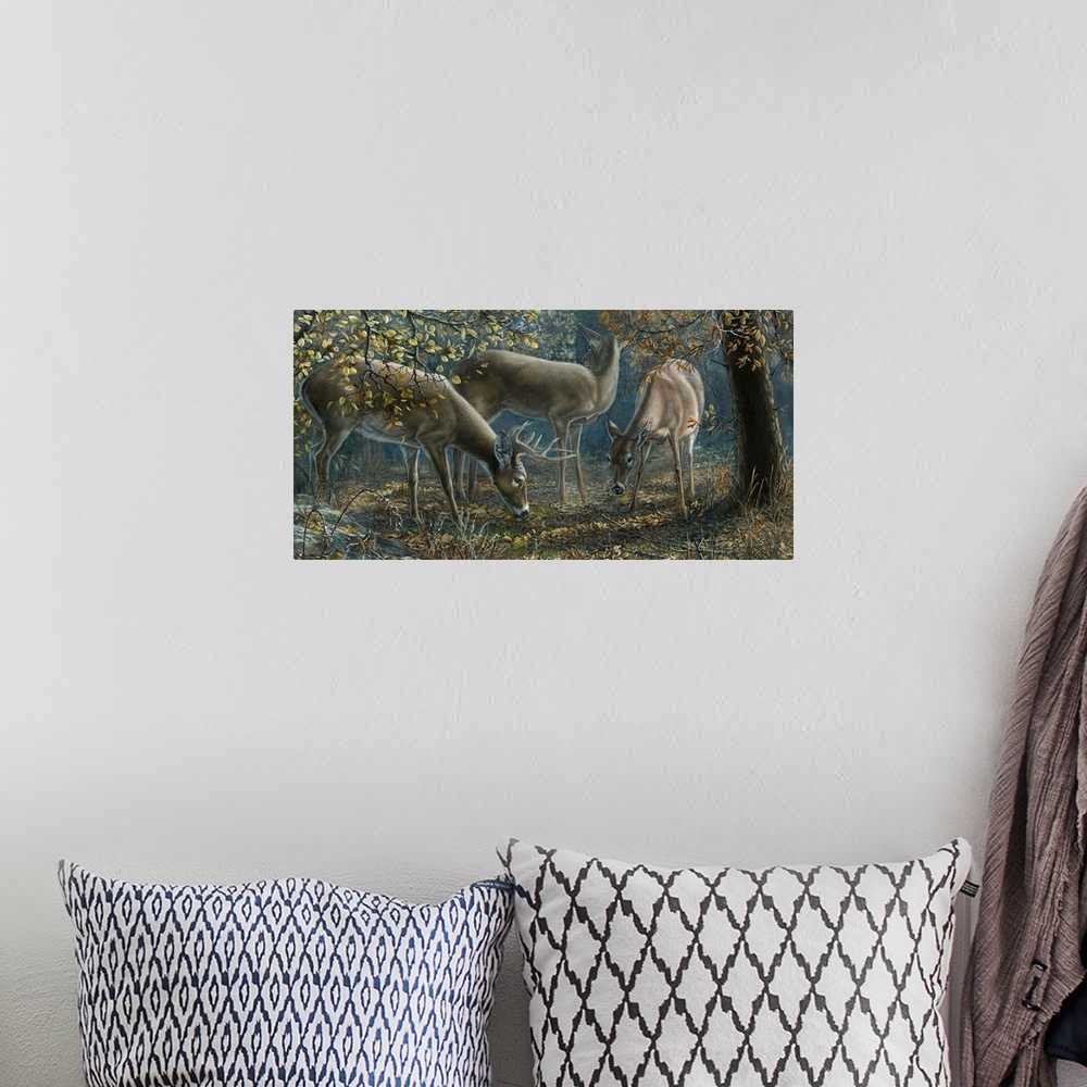 A bohemian room featuring Contemporary painting of deer grazing in a forest.