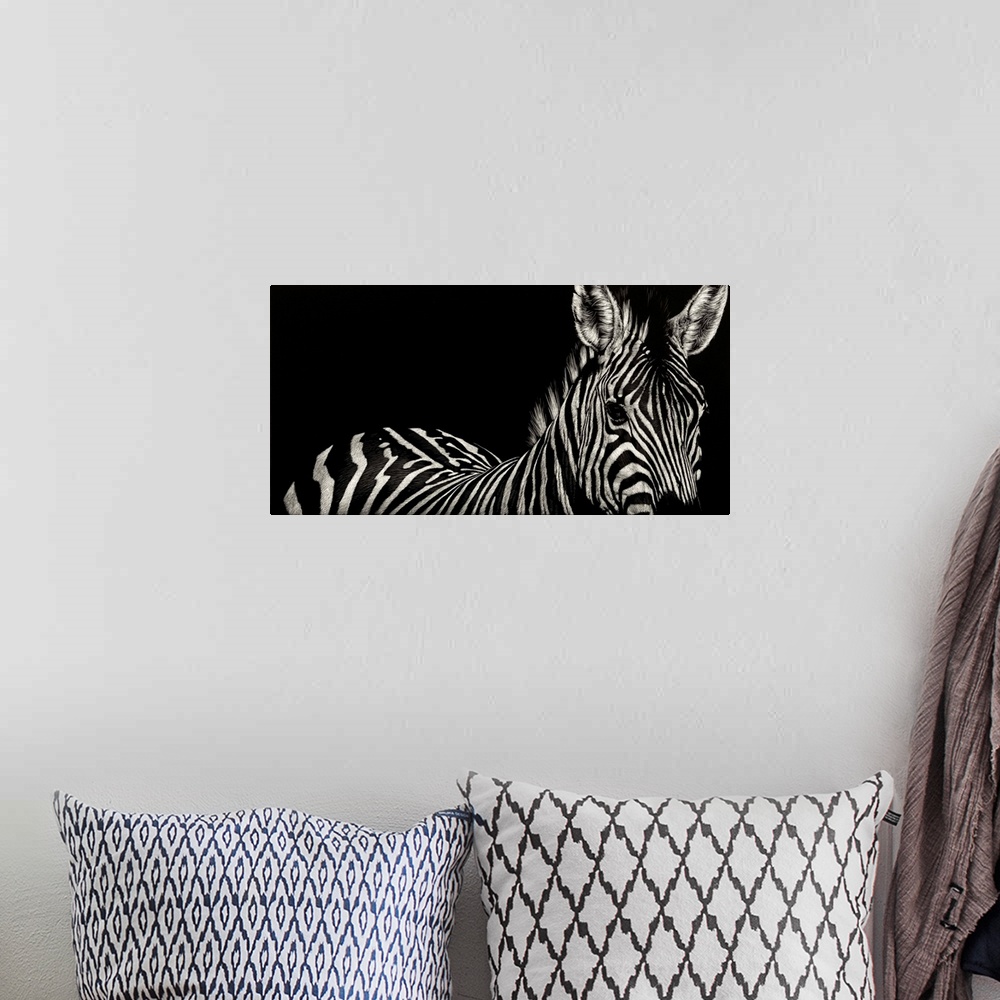 A bohemian room featuring Contemporary scratchboard artwork of a zebra, emphasizing its stripes.