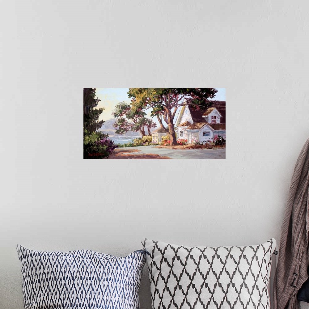 A bohemian room featuring Contemporary artwork of a quaint country village.