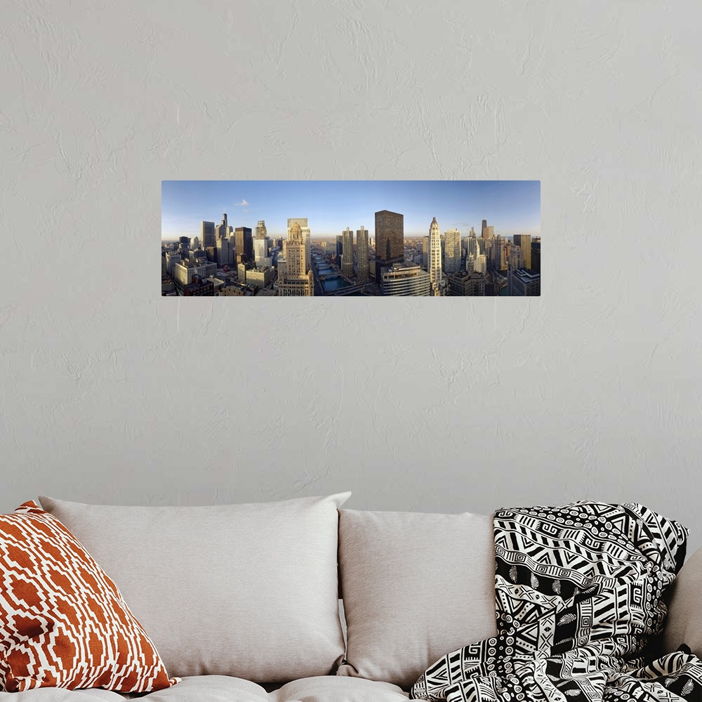 A bohemian room featuring Panoramic photograph of skyline.