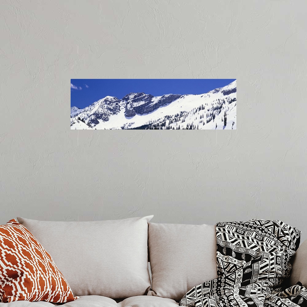 A bohemian room featuring Wide angle photograph of snow covered mountains of Little Cottonwood Canyon, beneath a bright blu...