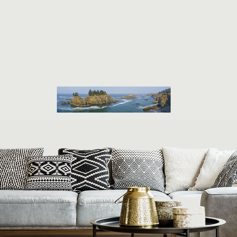 A bohemian room featuring Seastacks and flagged trees seen from Thunder Cove on the Pacific Coast, Brookings, Curry County,...