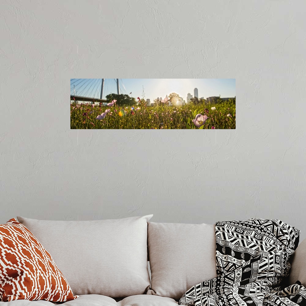 A bohemian room featuring Wildflowers fill the foreground with Margaret Hunt Hill bridge and Dallas city in the background.