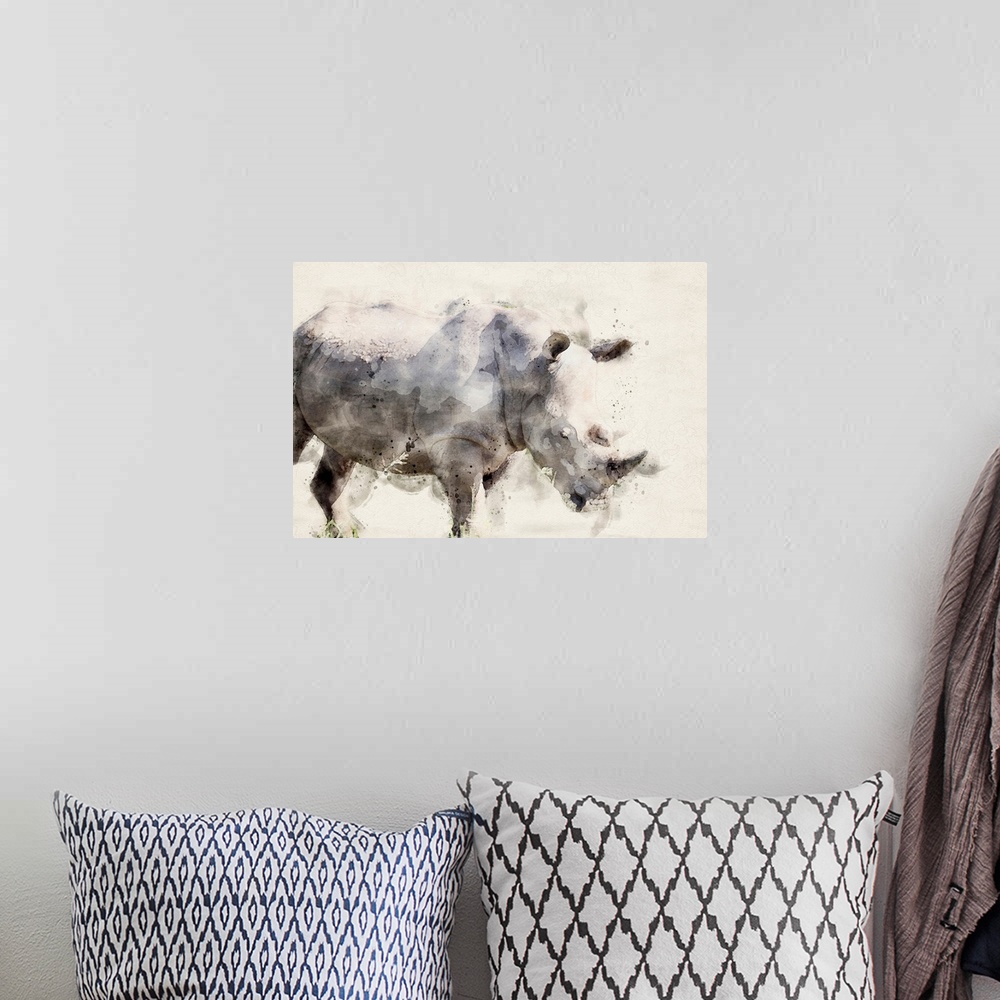 A bohemian room featuring Abstract African Rhinoceros Watercolor