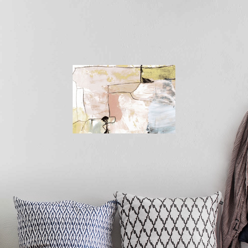 A bohemian room featuring A blocky contemporary abstract painting with rectangular shapes in pastel shades highlighted with...