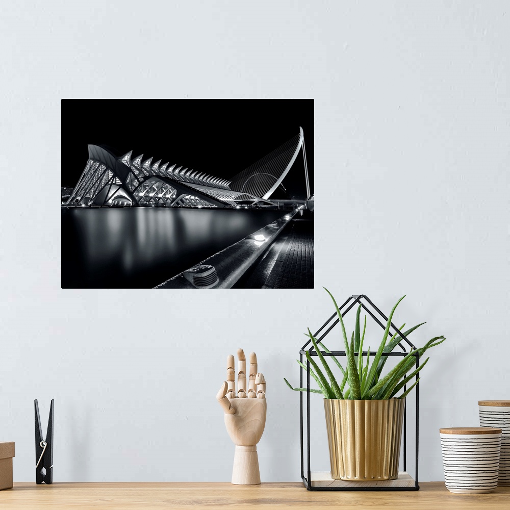 A bohemian room featuring High contrast black and white photo of the complex architecture of the Milwaukee Art Museum at ni...
