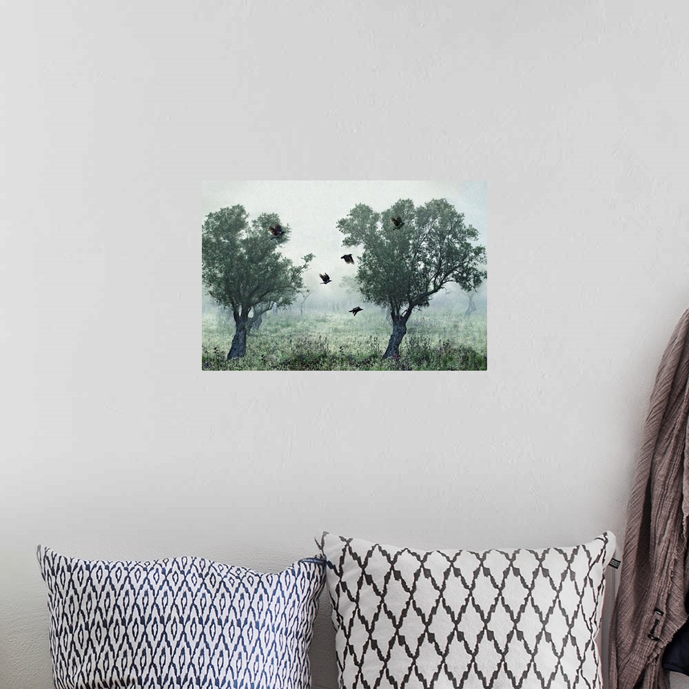 A bohemian room featuring Crows flying between two trees in a foggy landscape.