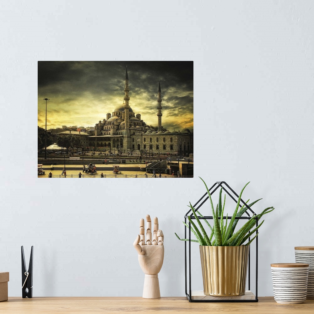 A bohemian room featuring Fine art photo of the Sultan Ahmed Mosque in Istanbul, Turkey, with dark clouds overhead.
