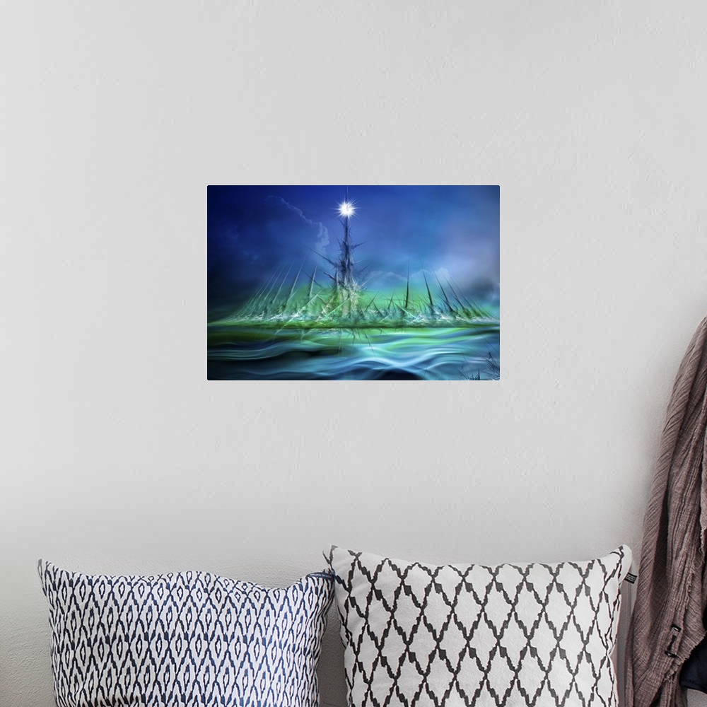 A bohemian room featuring Abstract digital art with Northern Lights colors, long sharp lines, and clouds over water.