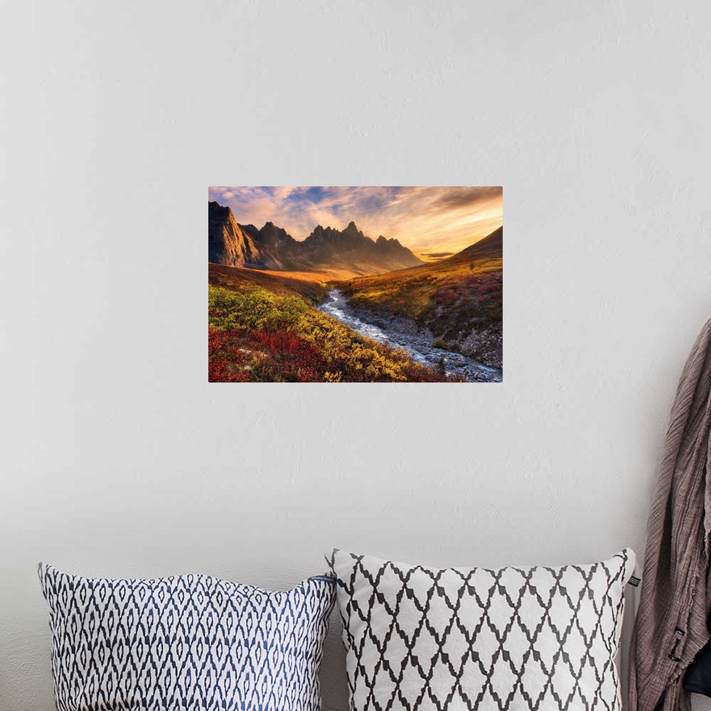 A bohemian room featuring Beautiful sunset light and colorful tundra looking toward Tombstone Mountain during Autumn in the...