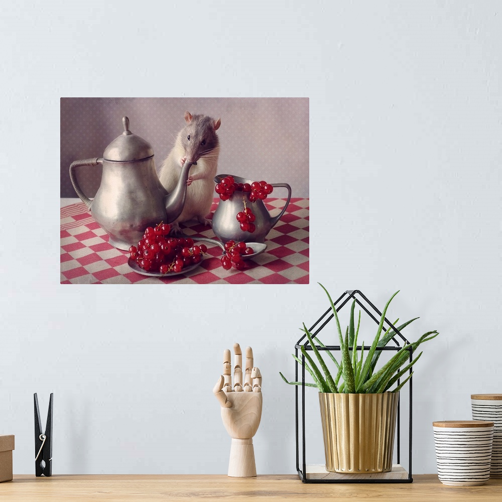 A bohemian room featuring A conceptual still-life photograph of a rat with a teapot and fruit.