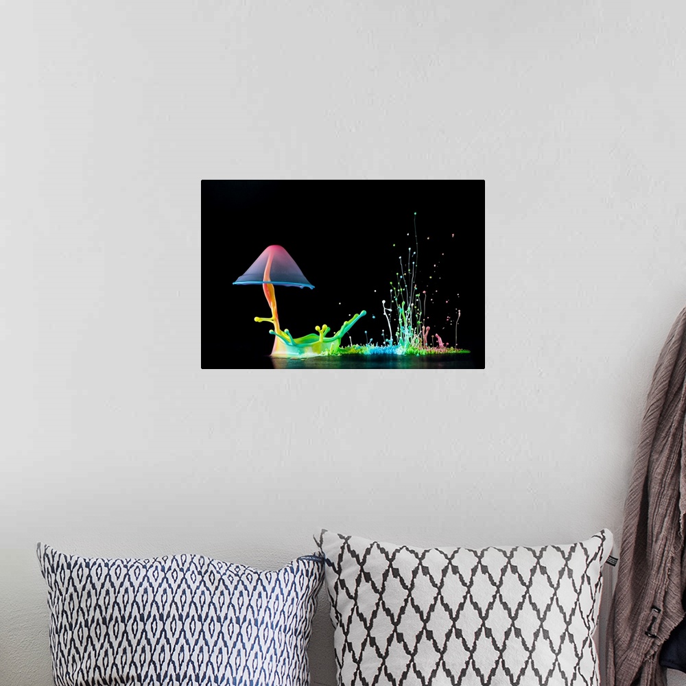 A bohemian room featuring A macro photograph of a colorful tiny splash of water resembling a mushroom.
