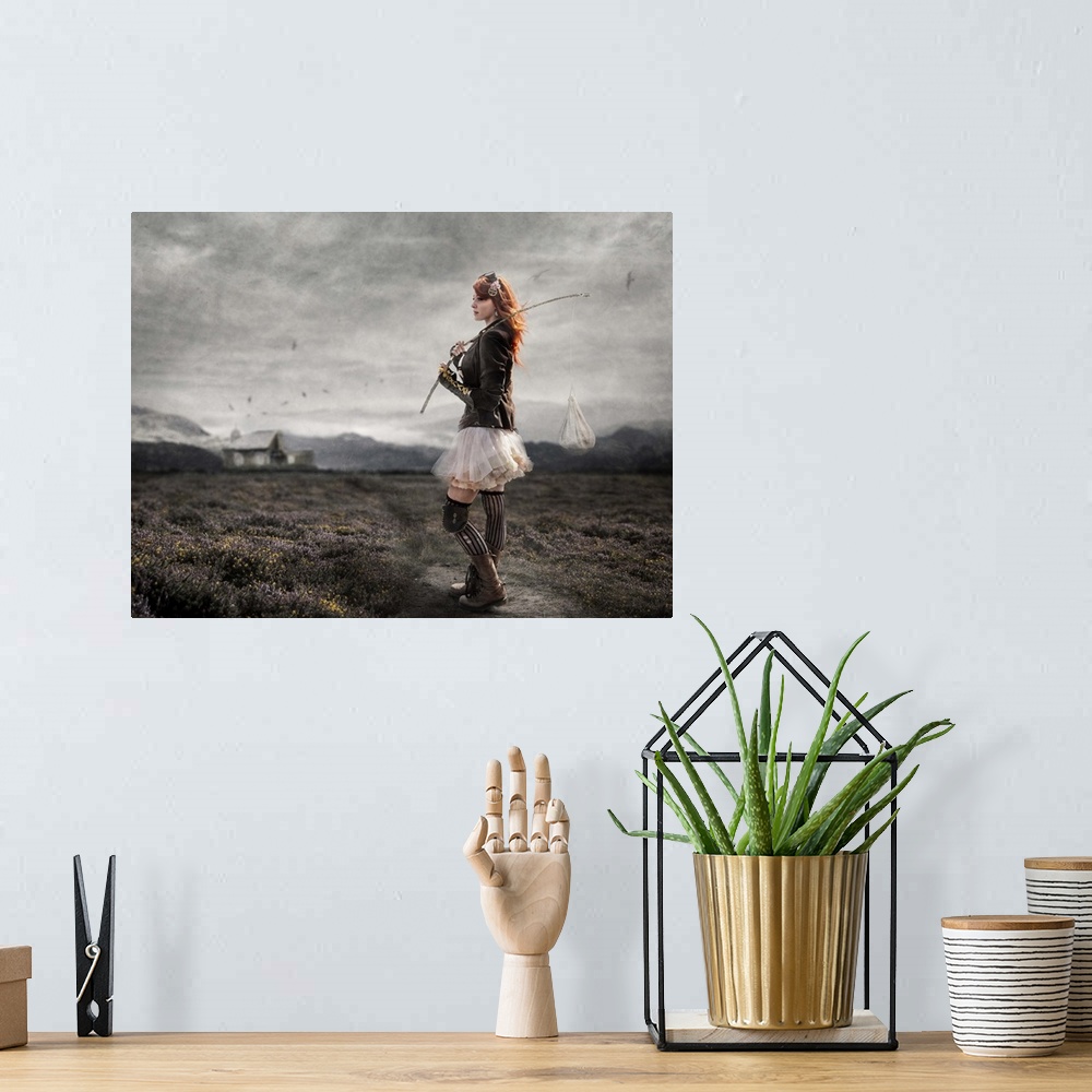 A bohemian room featuring A conceptual photograph of a woman wearing steampunk attire and standing in an ethereal landscape.