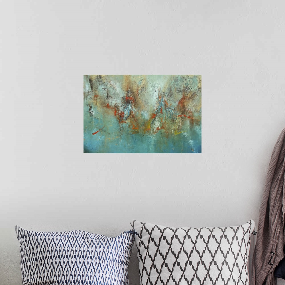 A bohemian room featuring Contemporary abstract painting using vibrant cool tones with splashes of warm tones mixed in to b...