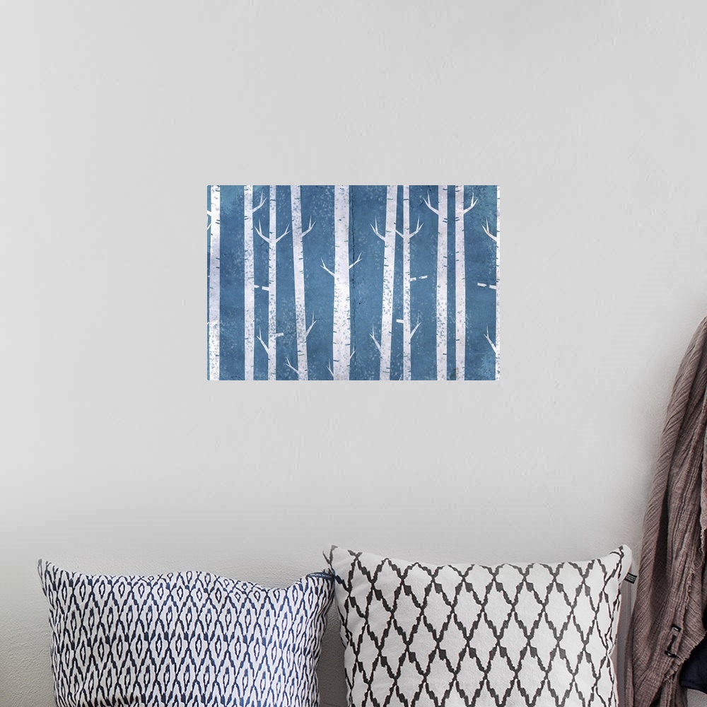 A bohemian room featuring Contemporary painting of white rustic cut-out style trees against a blue background.