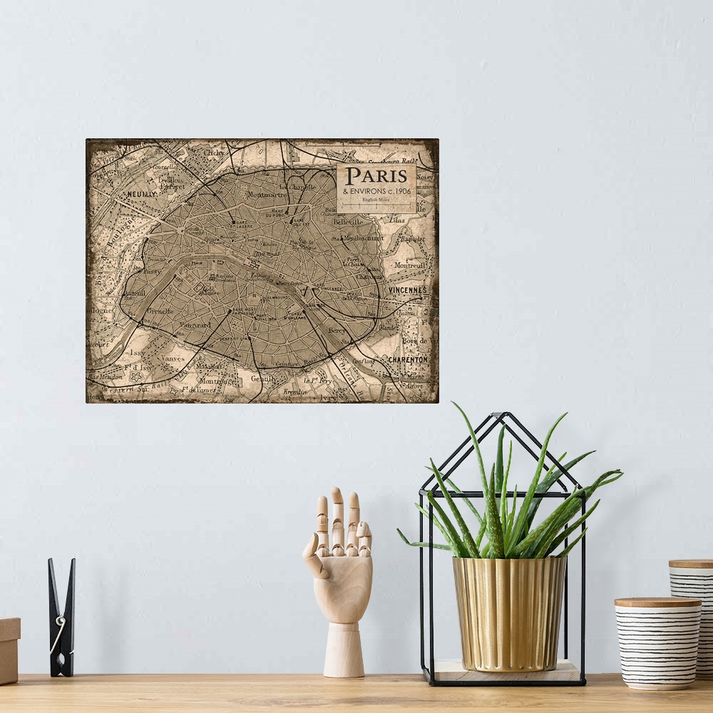 A bohemian room featuring Rustic contemporary art map of Paris districts, in warm tones.