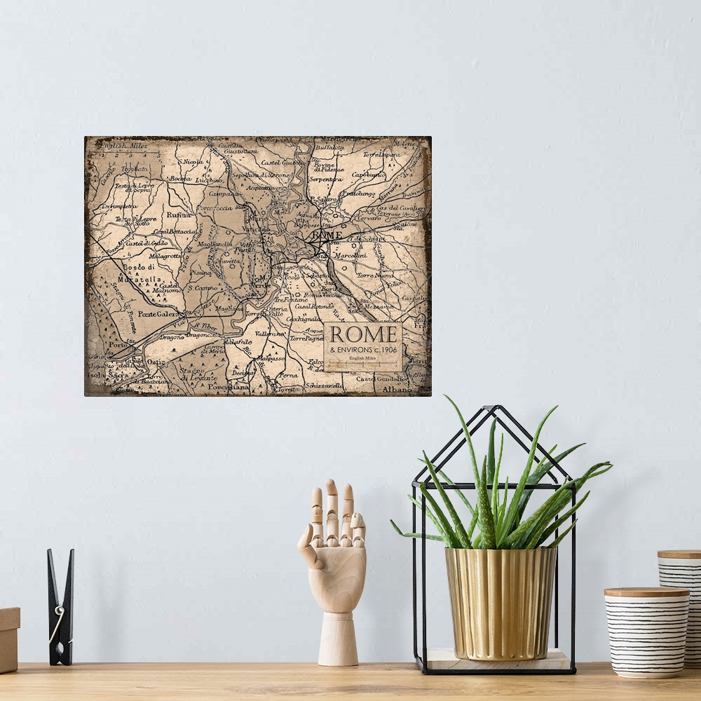 A bohemian room featuring Rustic contemporary art map of Rome districts, in warm tones.