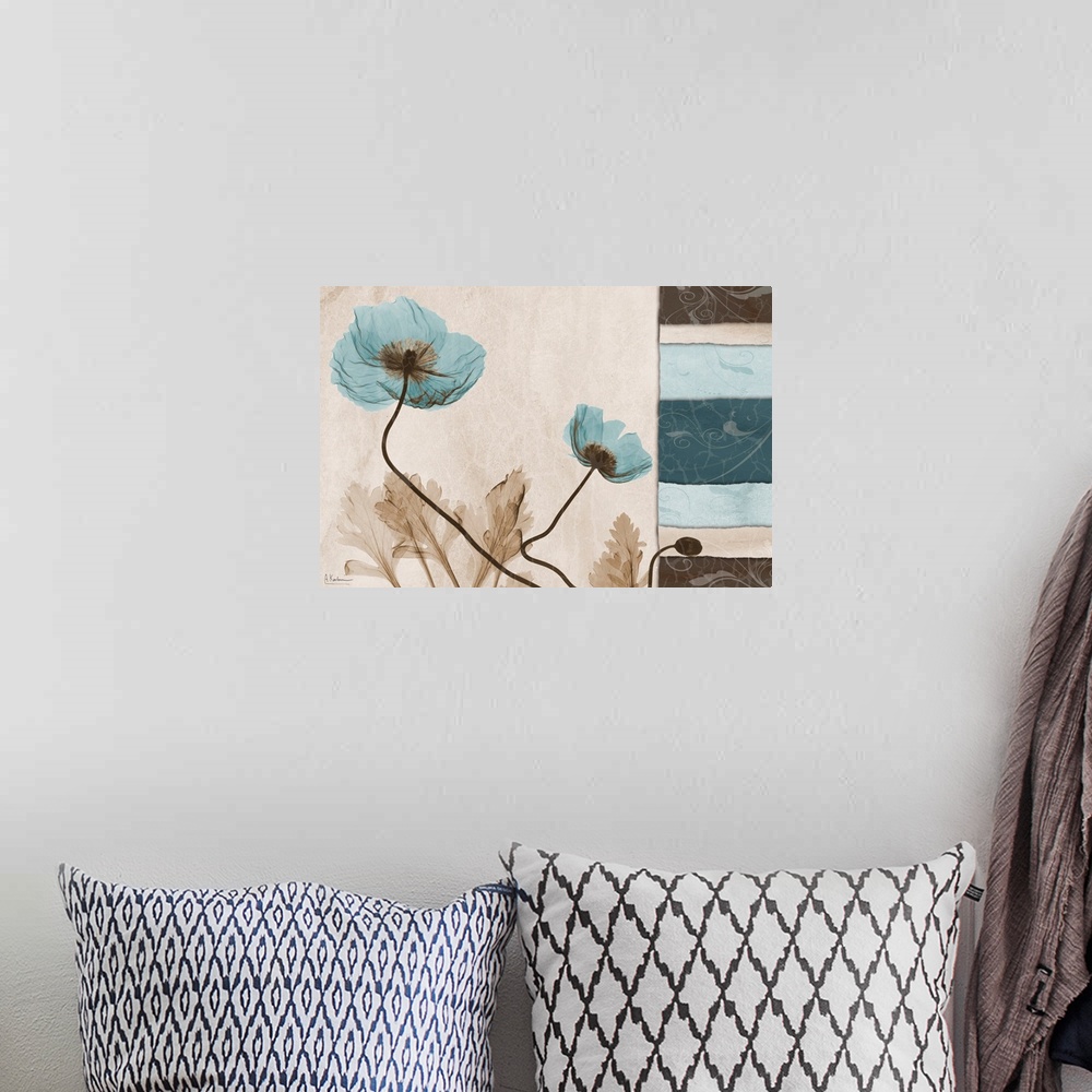 A bohemian room featuring Square x-ray photograph of two poppies, with a vertical set of textured tiles to the right of the...
