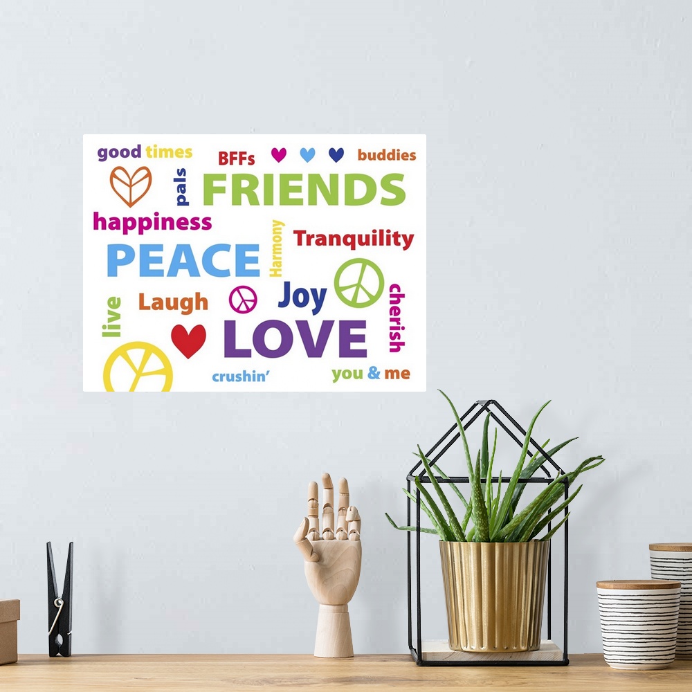 A bohemian room featuring Typography art with the words "Peace, Love, Friends" in many different languages.