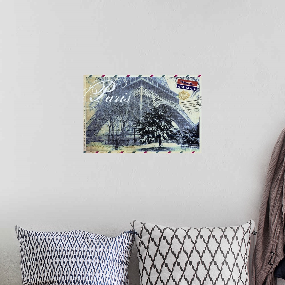 A bohemian room featuring Contemporary Paris postcard artwork with the Eiffel tower on the face of the card.