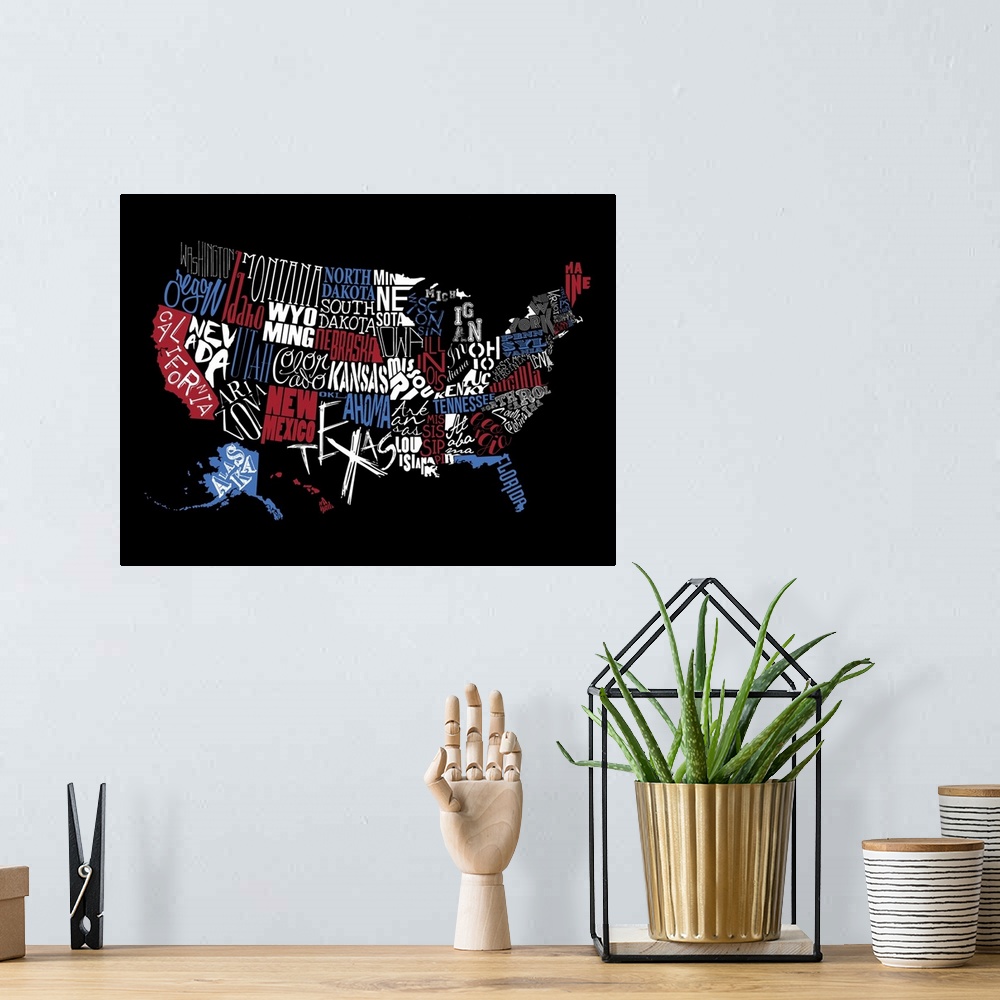 A bohemian room featuring A contemporary typography map of the United States with all the state names in red, white, and bl...