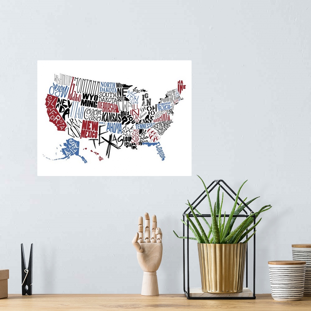 A bohemian room featuring Contemporary painting using typography to make the shape of the USA.