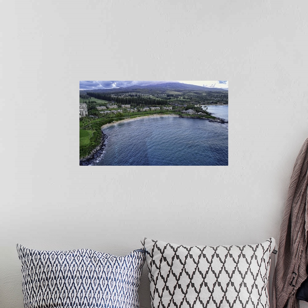 A bohemian room featuring Stunning Kapalua Bay in Maui, Hawaii, USA. This is a 3 image aerial panoramic.