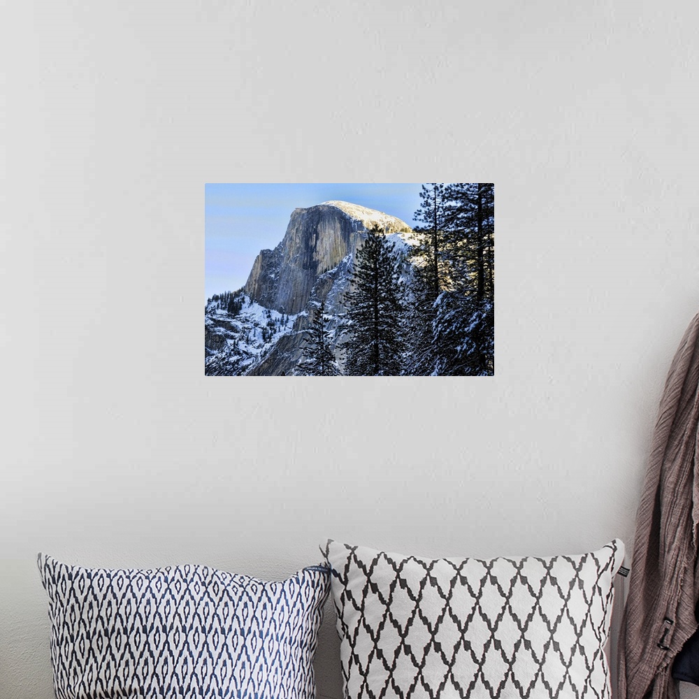 A bohemian room featuring Yosemite's Half Dome in winter. Yosemite national park is in California, USA.