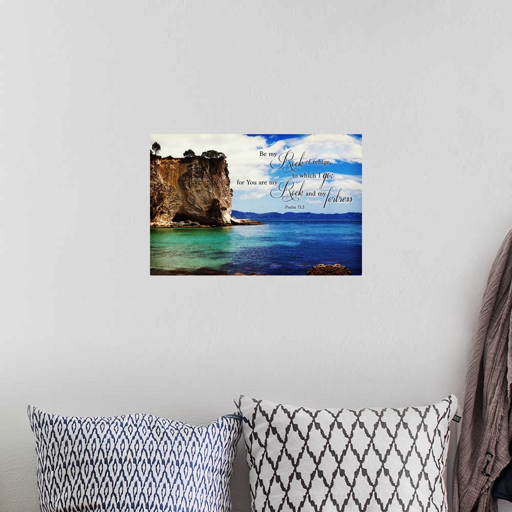 A bohemian room featuring Image Of A Cliff On The Coast With Blue And Turquoise Water And Scripture From Psalm 71:3