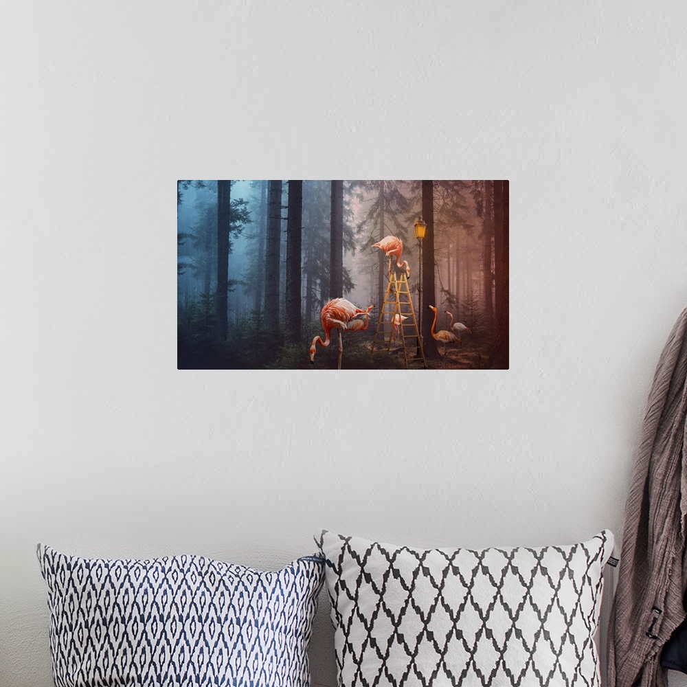 A bohemian room featuring A surreal composite image of flamingoes in a forest with a ladder and lamp post.