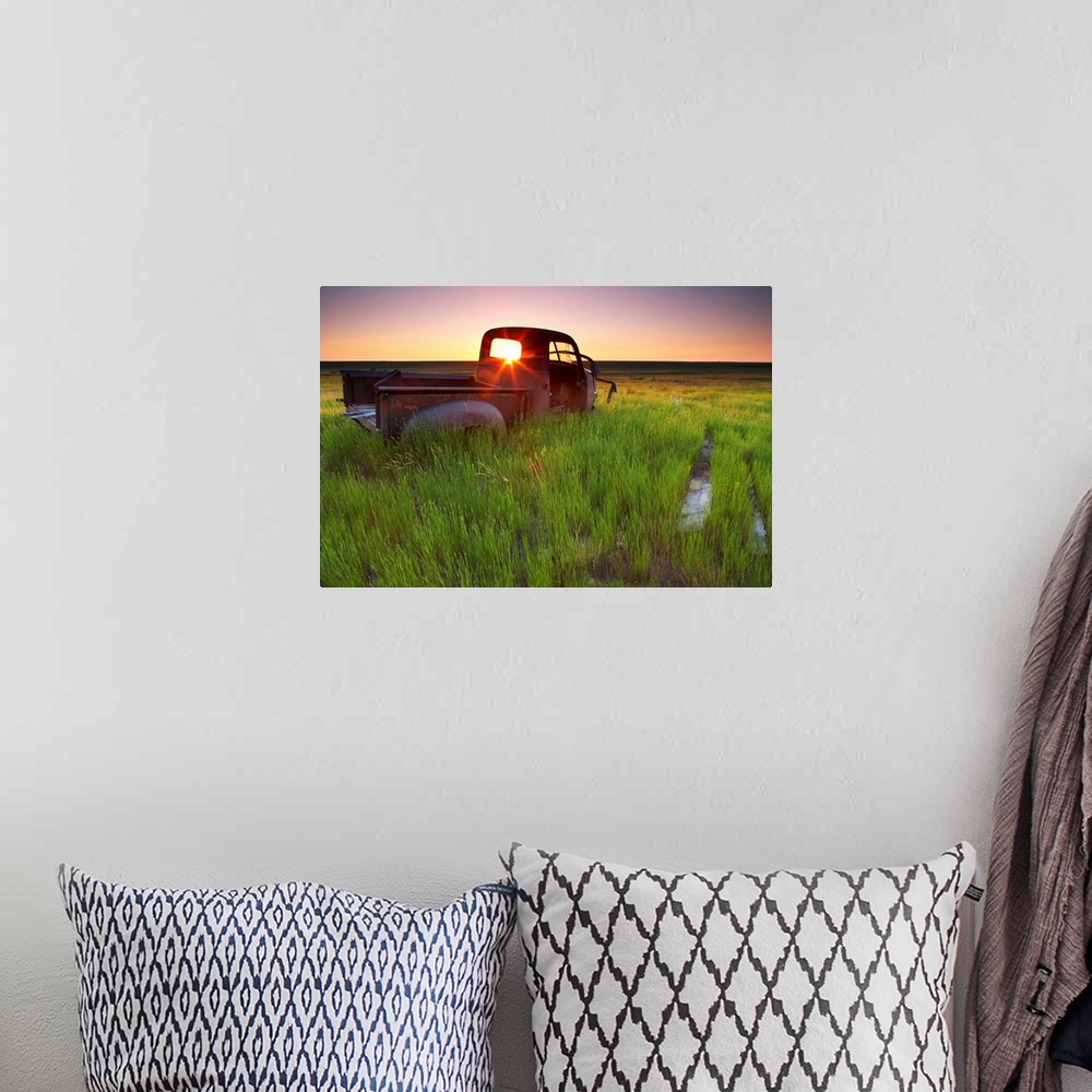 A bohemian room featuring Abandoned Pick-Up Truck Sitting In A Field At Sunset, Southwestern Saskatchewan