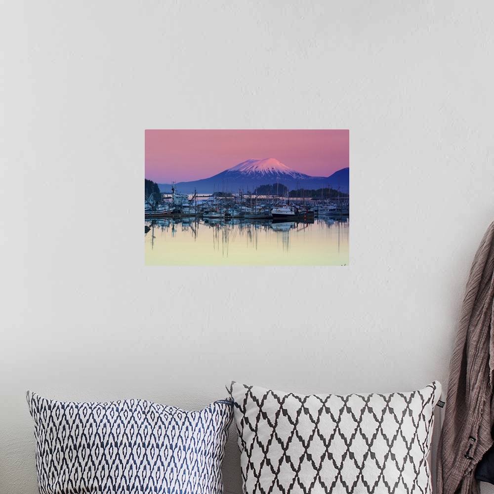 A bohemian room featuring Alpenglow Sunrise On Mt. Edgecumbe And The Small Boat Harbor In Sitka, Alaska