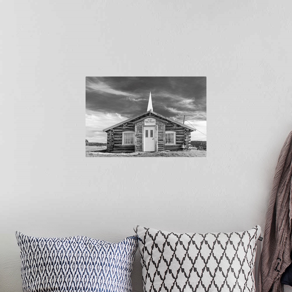 A bohemian room featuring Black and white image of Ruby Bible Church in Interior Alaska, USA, Ruby, Alaska, United States o...