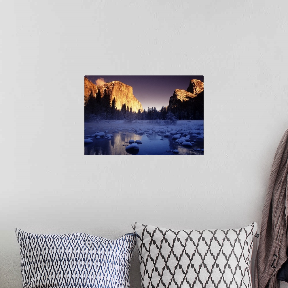 A bohemian room featuring California, Yosemite National Park, Sunset Over El Capitan And Snowy Merced River