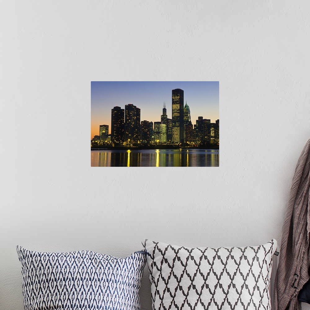 A bohemian room featuring Chicago Skyline At Night, Chicago, Illinois