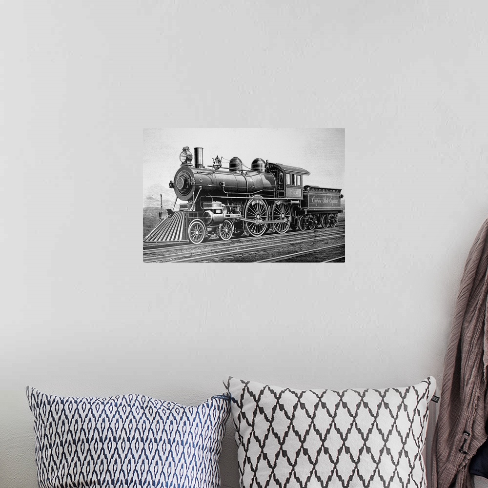 A bohemian room featuring Engraving depicting a Class 999 locomotive used on the New York Central and Hudson River Railroad...