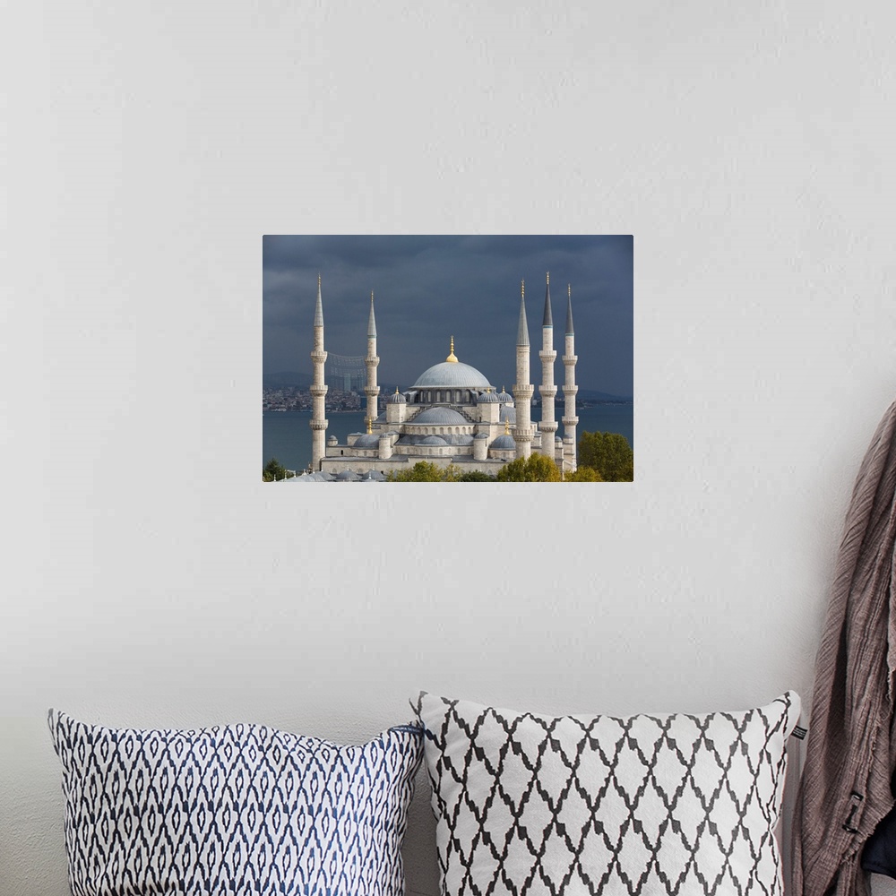 A bohemian room featuring Close-up of the Blue Mosque (Sultan Ahmed Mosque) under a grey sky, ground breaking in 1609, UNES...