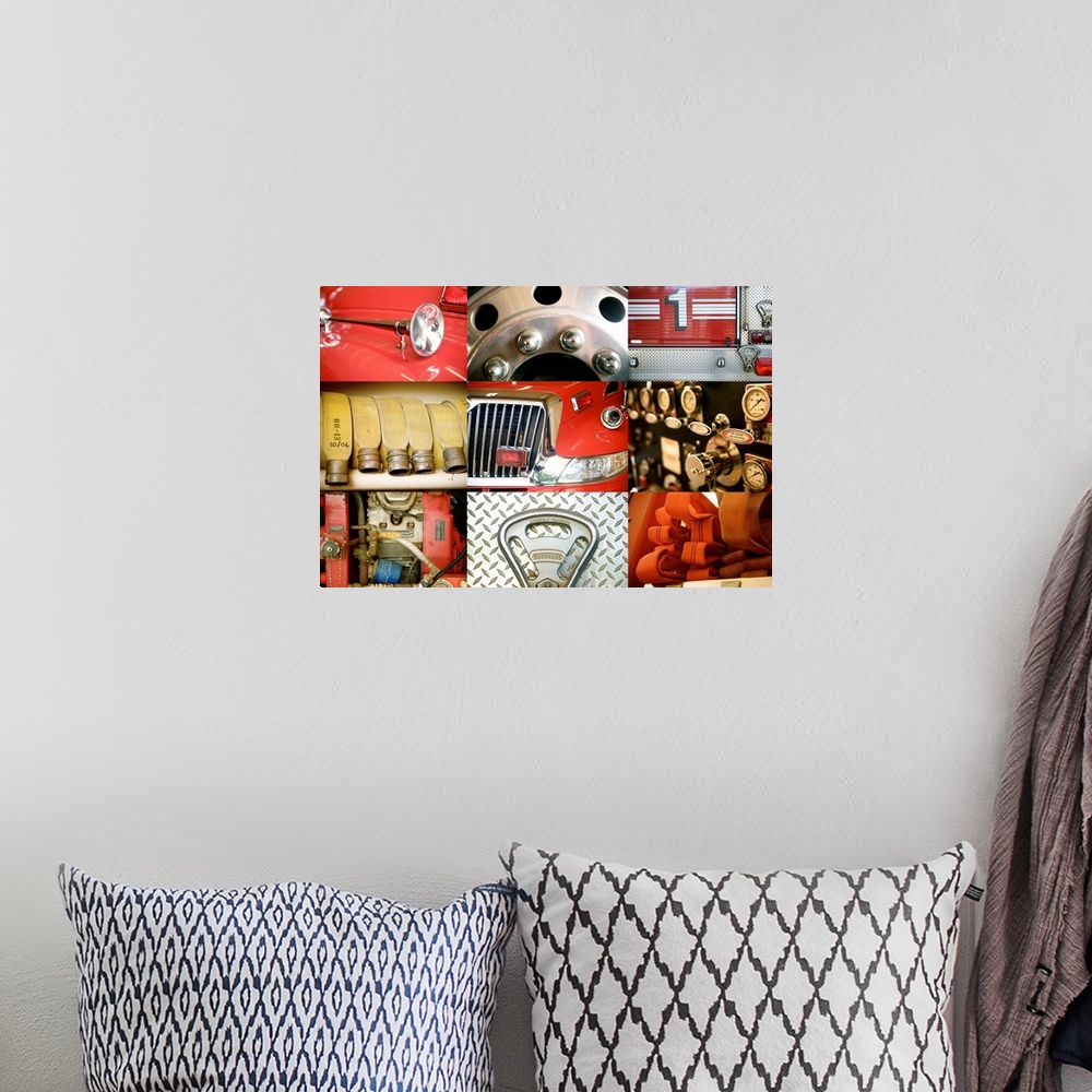 A bohemian room featuring Collage Of A Red Firetruck And All Its Components