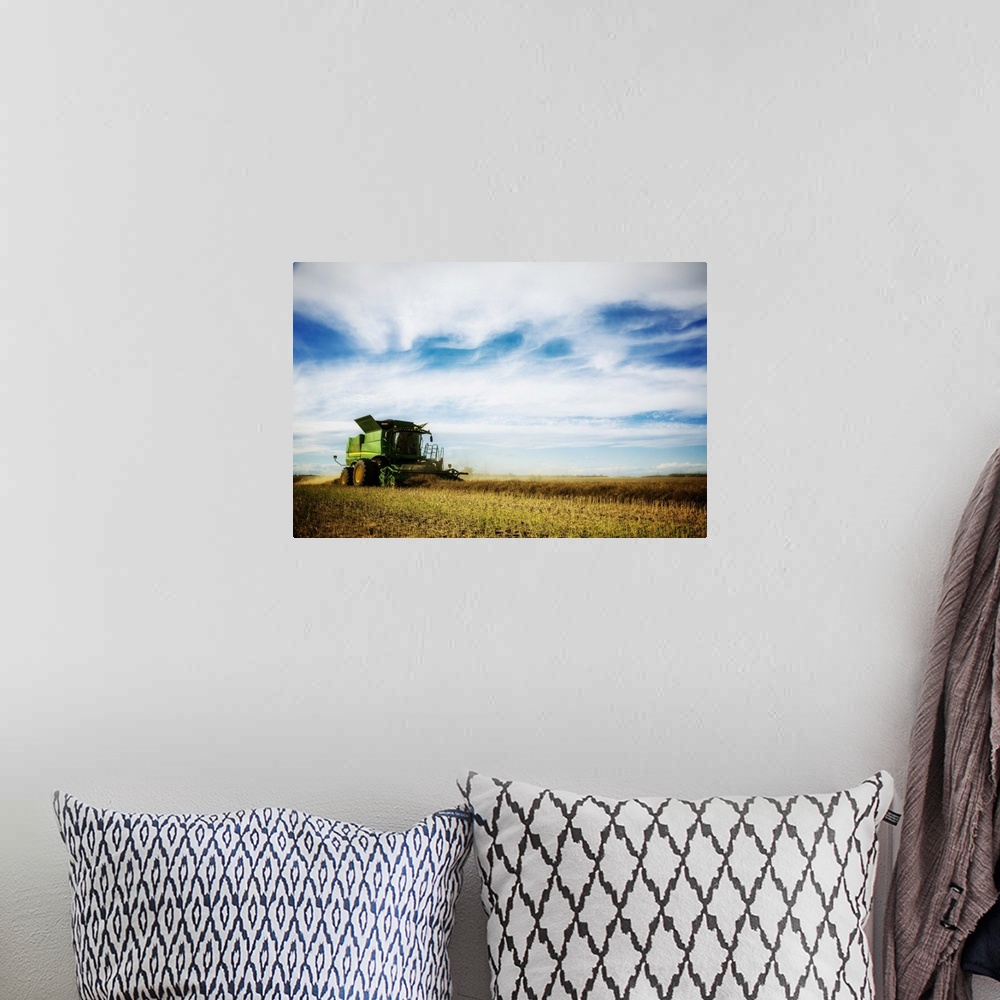 A bohemian room featuring Side view of a farmer driving a combine during a canola harvest; Legal, Alberta, Canada
