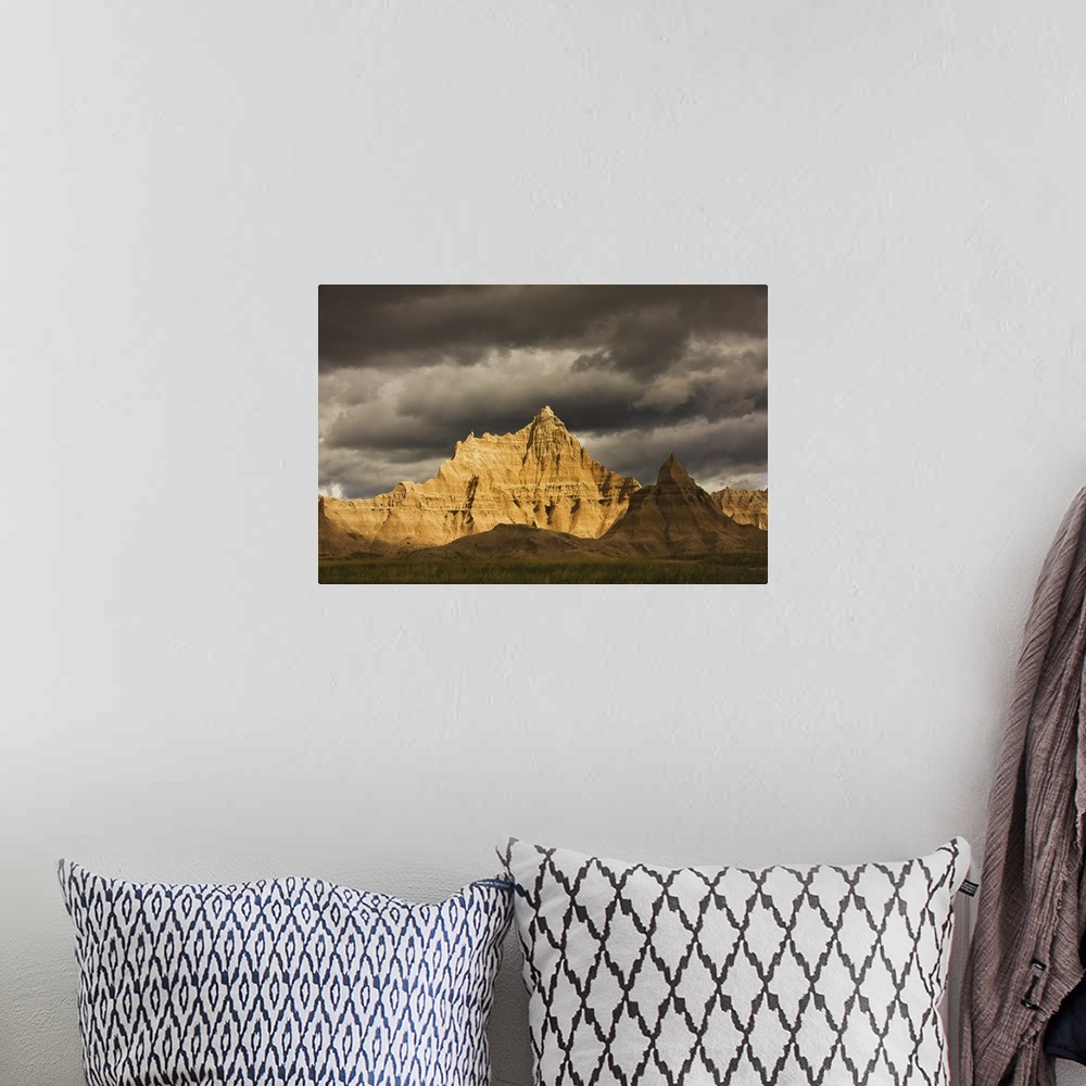 A bohemian room featuring Dramatic light during a storm in Badlands National Park, South Dakota