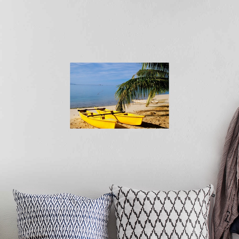 A bohemian room featuring French Polynesia, Rangiroa, Kia Ora, Yellow Double Canoe On Beach
