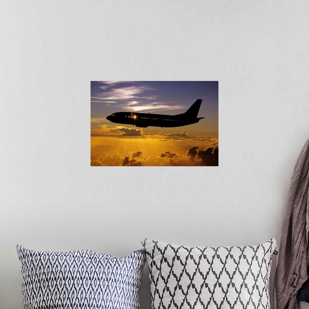 A bohemian room featuring Hawaii, Airplane In Silhouette Sunset In Sky