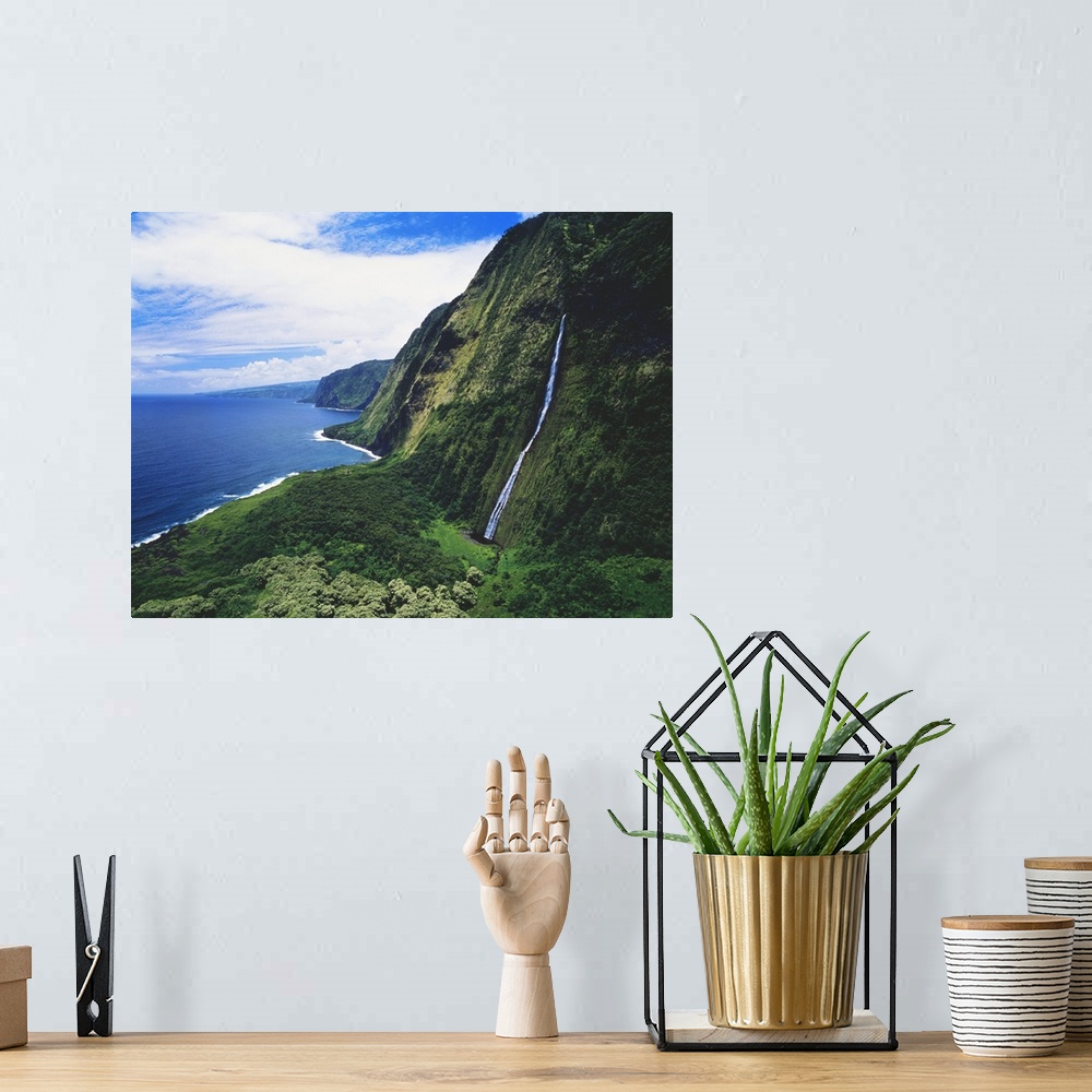 A bohemian room featuring Hawaii, Big Island, Hamakua Coast, Waterfalls Cascade Into The Ocean