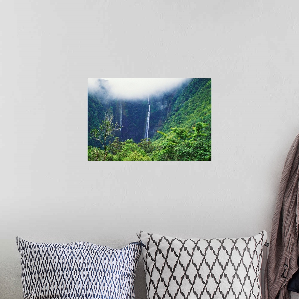 A bohemian room featuring Hawaii, Big Island, Waipio Valley, Twin Waterfalls With Lush Green Forest
