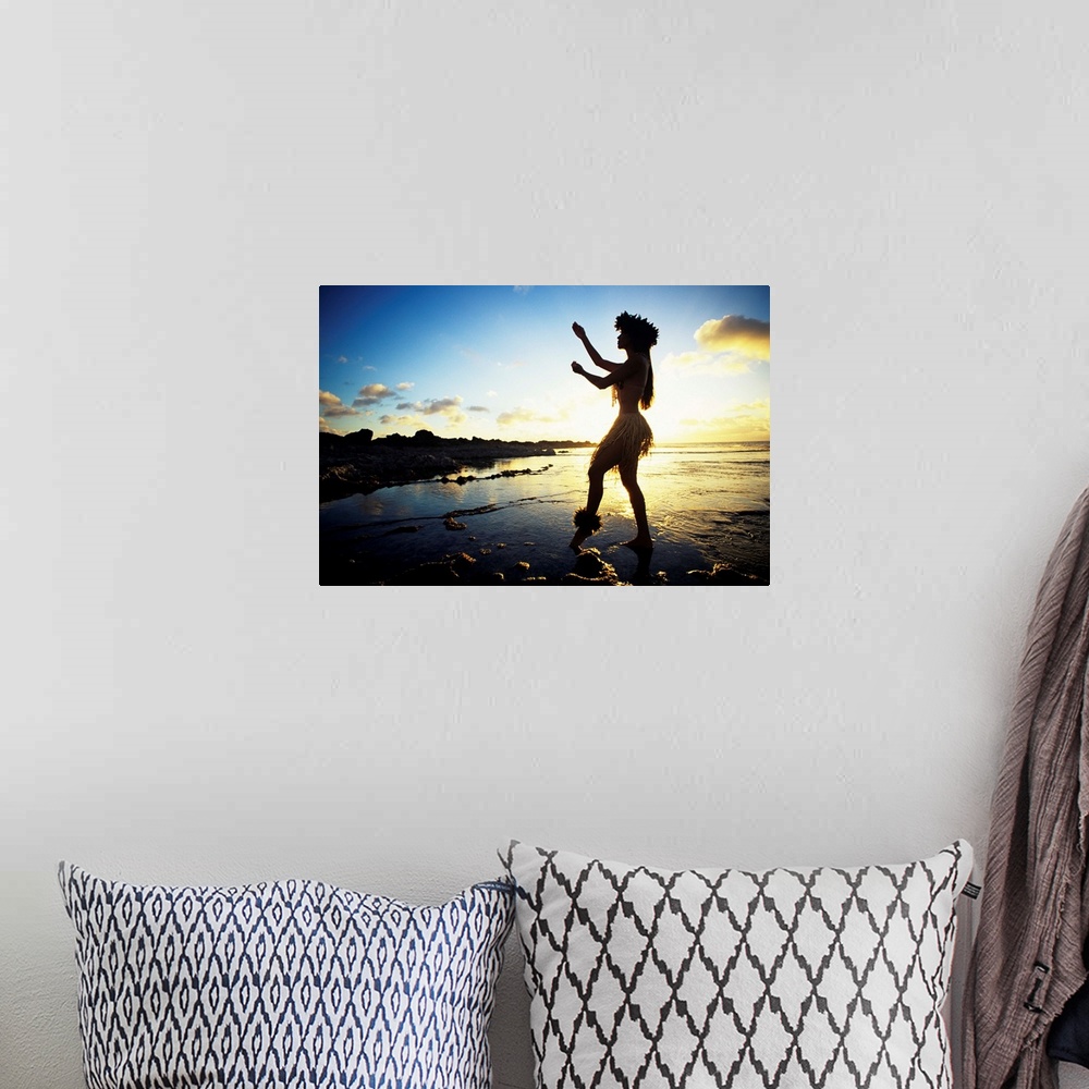 A bohemian room featuring Hawaii, Female Hula Dancer On Beach, Silhouetted By Sunset