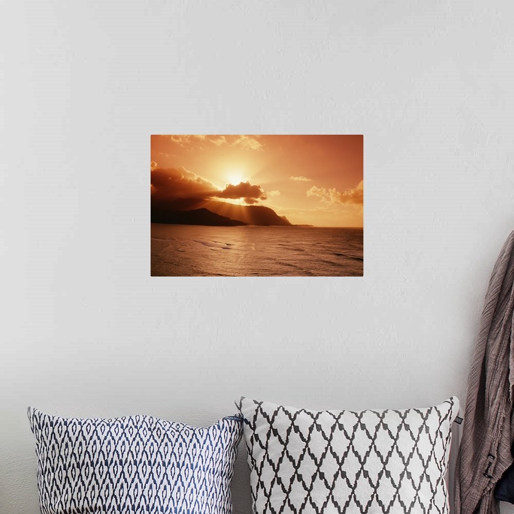 A bohemian room featuring Hawaii, Kauai, Hanalei Bay, Bali Hai Point, Red Sunset, Sunburst