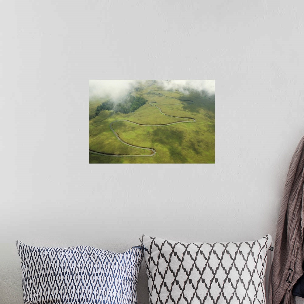 A bohemian room featuring Hawaii, Maui, Haleakala Crater, Aerial View Of A Road Winding Up A Hill