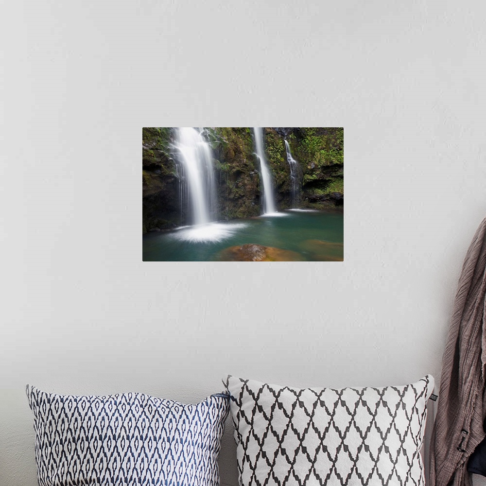 A bohemian room featuring Hawaii, Maui, Hana, The Three Waikani Falls With A Clear Blue Pond On The Road To Hana