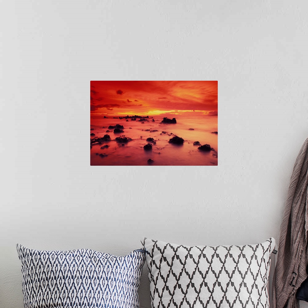 A bohemian room featuring Hawaii, Maui, Lava Rock Beach At Sunset With Dramatic Red Yellow Sky And Shore