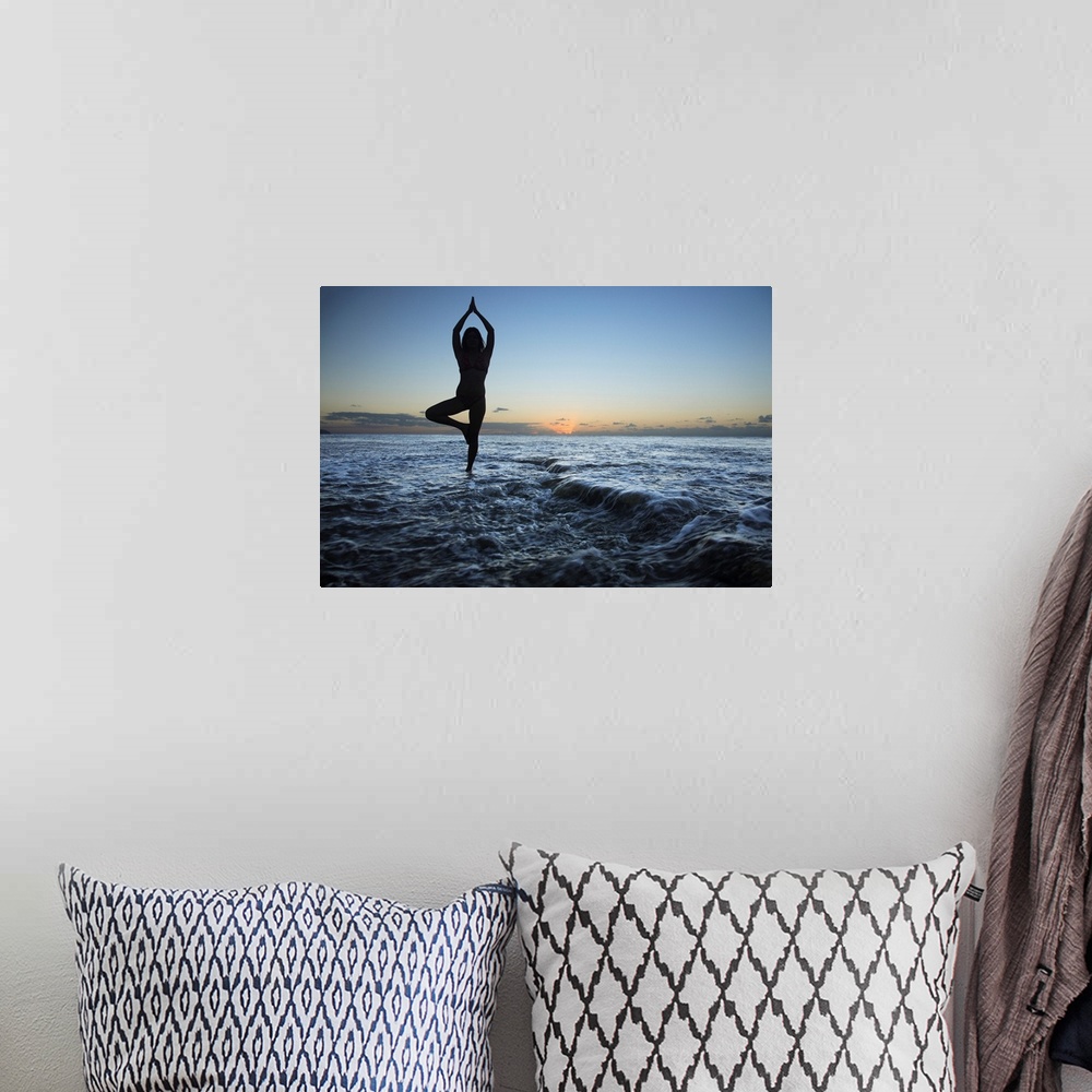 A bohemian room featuring Hawaii, Oahu, Fit Young Girl On The Beach Doing Yoga On The Rocky Coastline